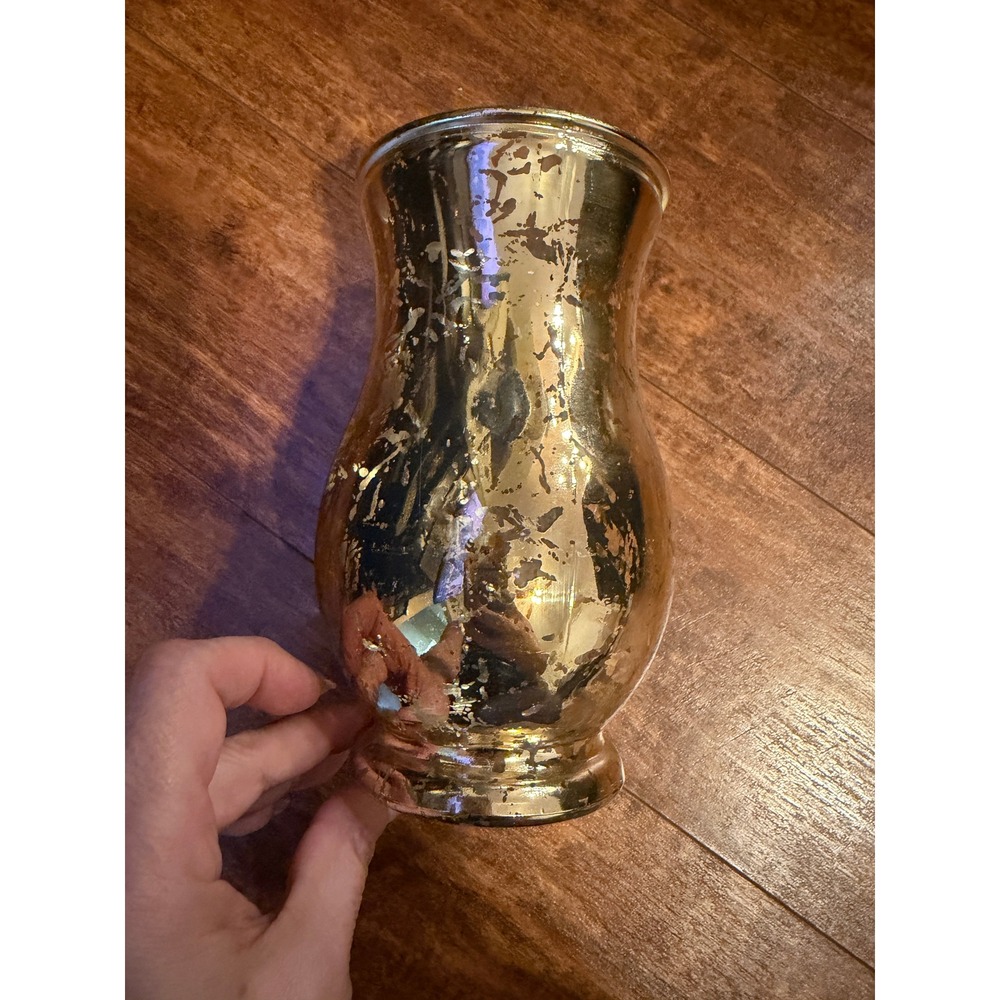 Vintage Mercury Glass Vase Distressed Gold Silver Metallic Centerpiece 8.5in